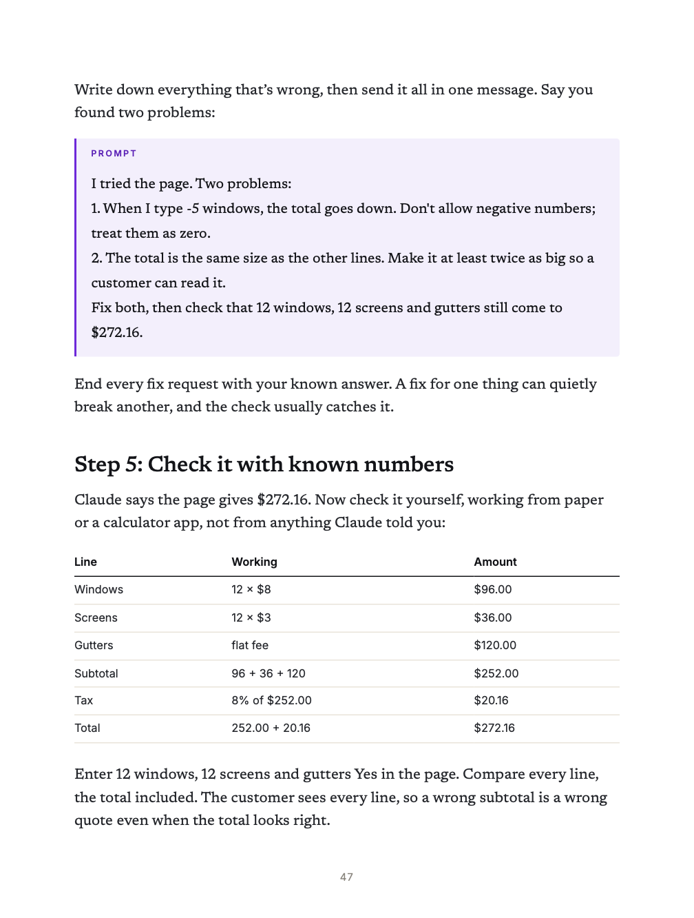 Your first project, checked against numbers you worked out by hand.