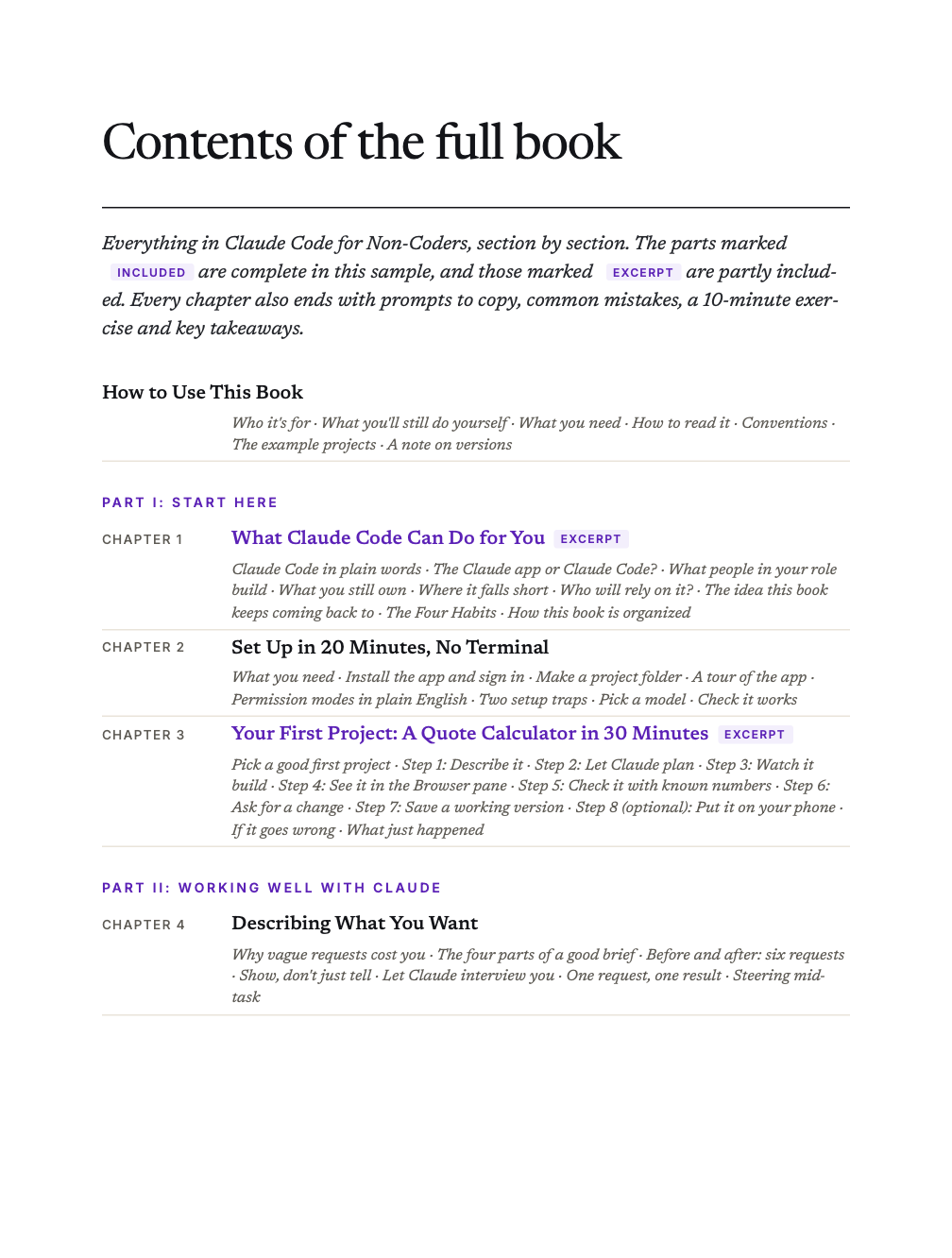 The contents pages of the free sample, listing every chapter and section