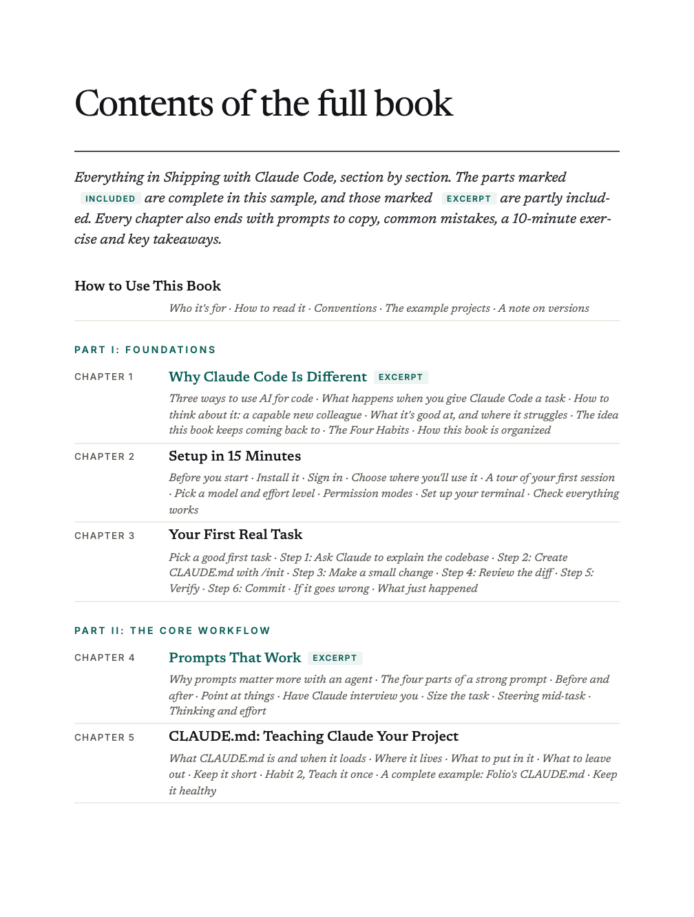 The contents pages of the free sample, listing every chapter and section